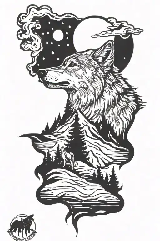 Wolf Howling At The Moon Mountain Range Silhouette