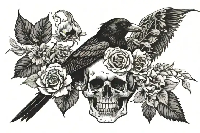 Crow And Skull With Flower And Leaves