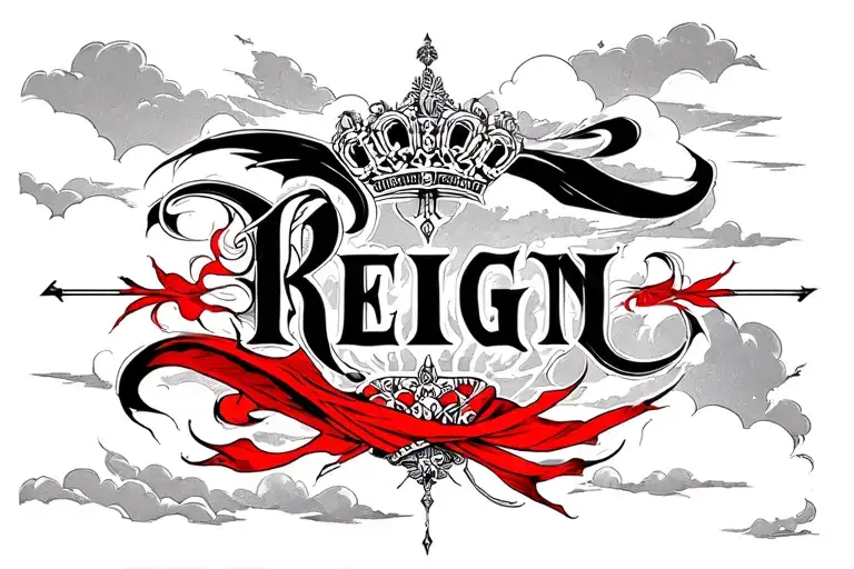 Black White Red Full Neck Tattoo Word Reign With Sky Background And Shading