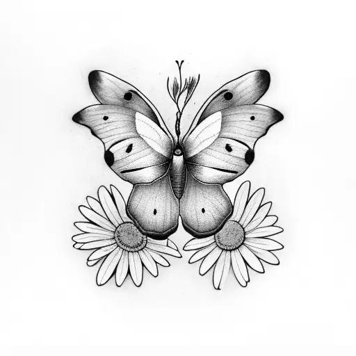 Spanish Moon Moth With Daisy Flowers Around The Moth