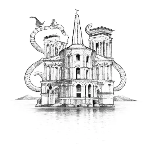 A Detailed Sketch Of Zadar Cityscape With Roman Gods And Mythical Sea Creatures