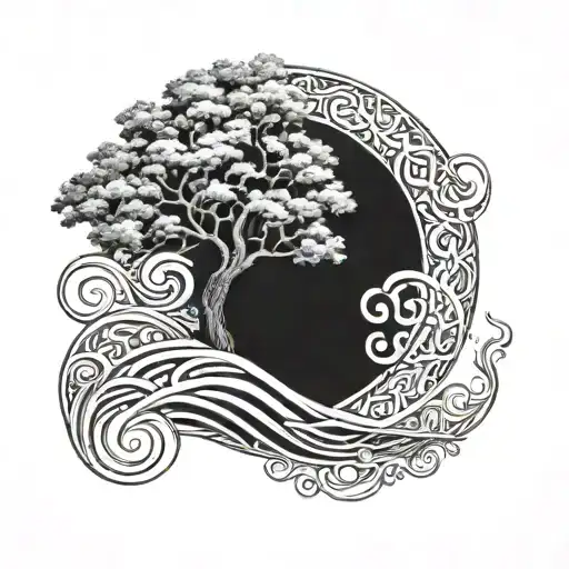 A Tree Of Life Intertwined With Ocean Waves