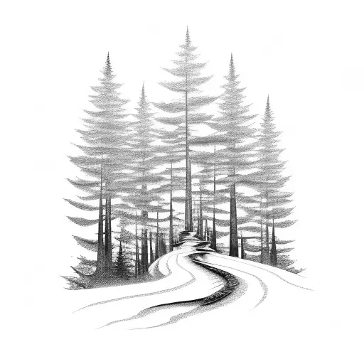 A Dotwork Tattoo Of A Winding Hiking Trail Leading Into A Foggy Forest
