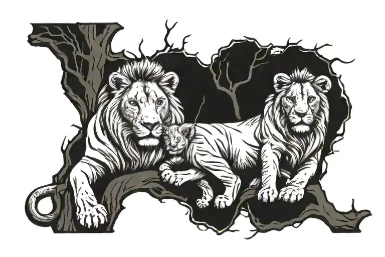 A Lion And Cub Intertwined In A Family Tree
