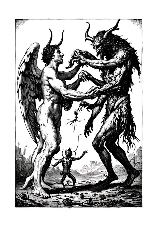 Angel And A Demon Battling Each Other With A Ant Sized Man Looking Up At Them