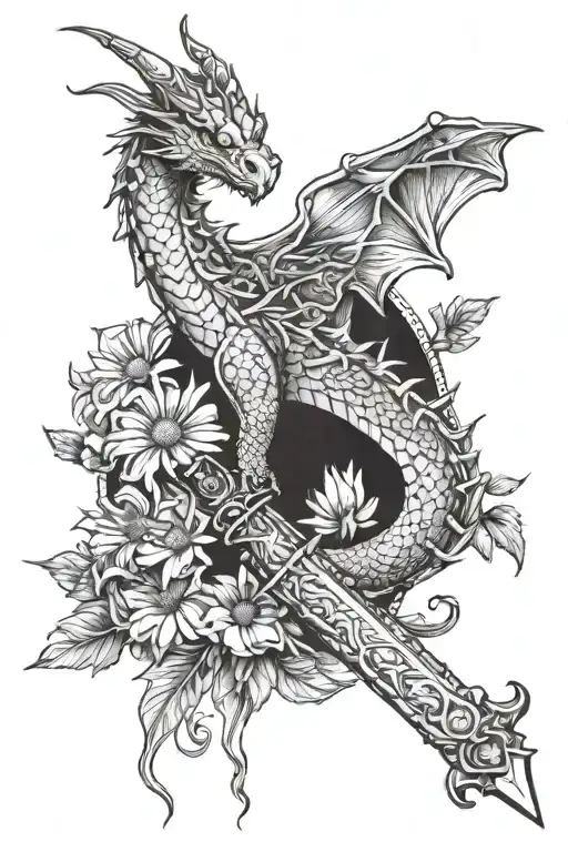 Dragon Wrapped Around Sword Adorned With Snapdragon And Daisies