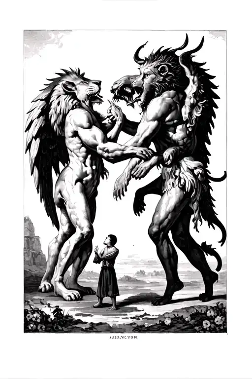 A Lion And Angel And A Demon Battling Each Other With A Small Man Looking Up At Them