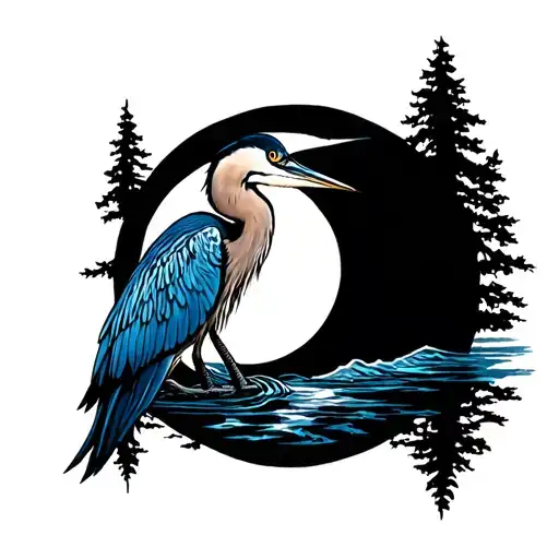 Blue Heron Standing In Moon Full Sleeve