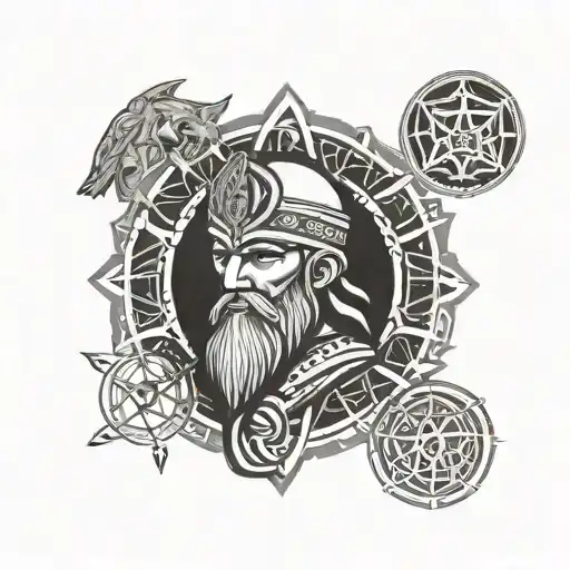 A Band Logo Of Trismegistus With Animal Figures Around Him And Sacred Geometry In The Background