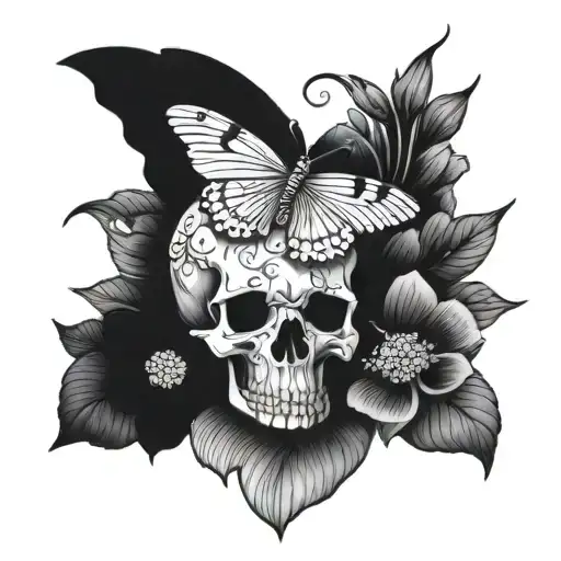 A Detailed Skull Surrounded By Blooming Flowers And Butterflies