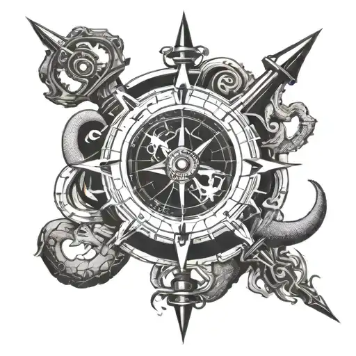 Nautical Compass And Trident Consumed By Octopus