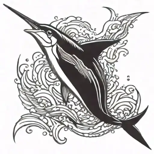A Detailed Blackwork Tattoo Of A Majestic Marlin Leaping Out Of The Water