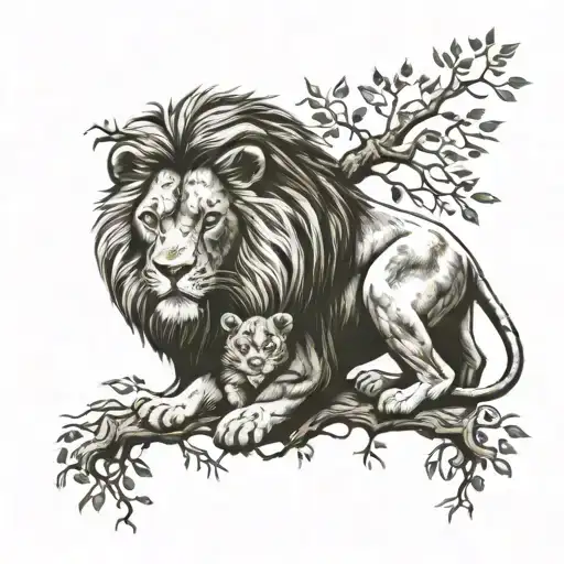 A Lion And Cub Intertwined In A Family Tree