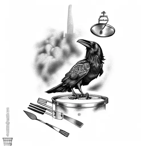 A Raven Perched On A Beer Keg Surrounded By Bbq Utensils