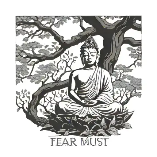 A Serene Buddha Meditating Under A Bodhi Tree With The Quote 'Fear Must Be Overcome Again And Again'