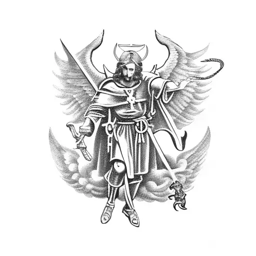 Saint Michael Slaying A Demon With Clouds Above And Hell Below