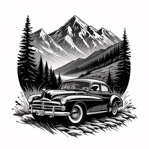 A Tattoo Design Featuring A Vintage Car Driving Through A Mountainous Landscape