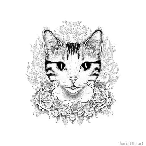 A Black And White Cat Surrounded By Intricate Floral Patterns