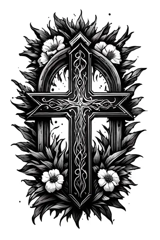 Cross With A Cementary Tattoo Black In