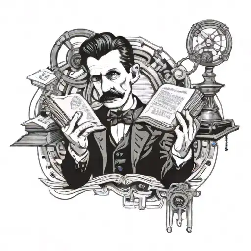 Nikola Tesla Machine Holding Open Book Surrounded