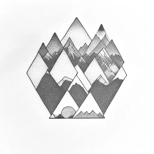 Mountains And A Small Red Sunrise In Minimal Line Arts