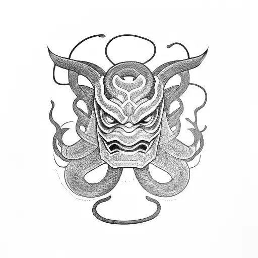 Oni Mask With Snake Fighting With Demons
