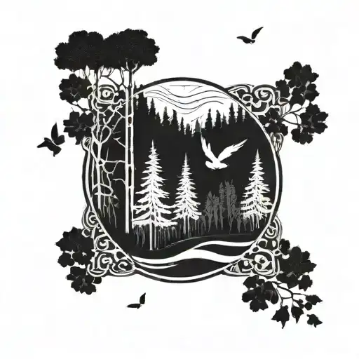 A Serene Forest Landscape With Hidden Musical Notes Incorporated Into The Trees