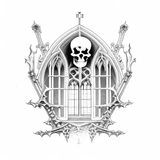 Gothic Cathedral Window With Skeleton King Sitting On Throne Holding A Sword In The Foreground