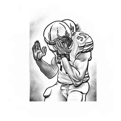 A Blackwork Tattoo Of An American Football Player Kneeling In Prayer With A Bible In Hand