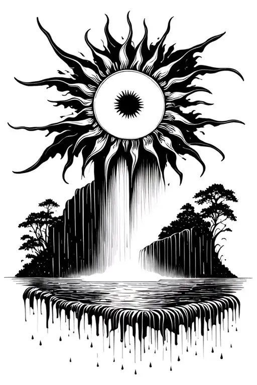 A Sun Melting Into A Waterfall That Turns Into Rain