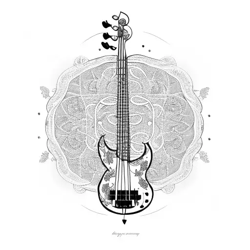 A Bass Guitar Made Out Of Musical Notes And Surrounded By Intricate Floral Patterns