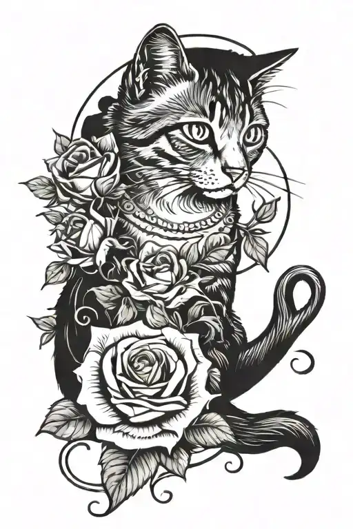 Cat With Roses And Moon