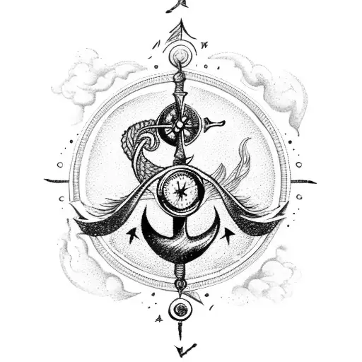 A Black Haired Mermaid With A Compass And Anchor On Rough Waves