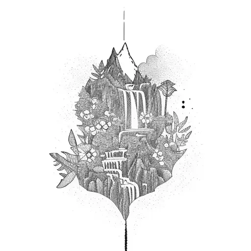 A Majestic Waterfall Surrounded By Lush Greenery And Vibrant Flowers