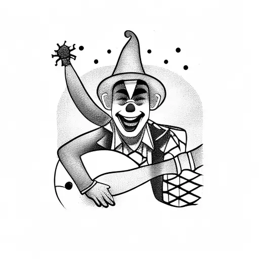 A Blackwork Tattoo Of A Clown Playing A Guitar On Paraty Beach