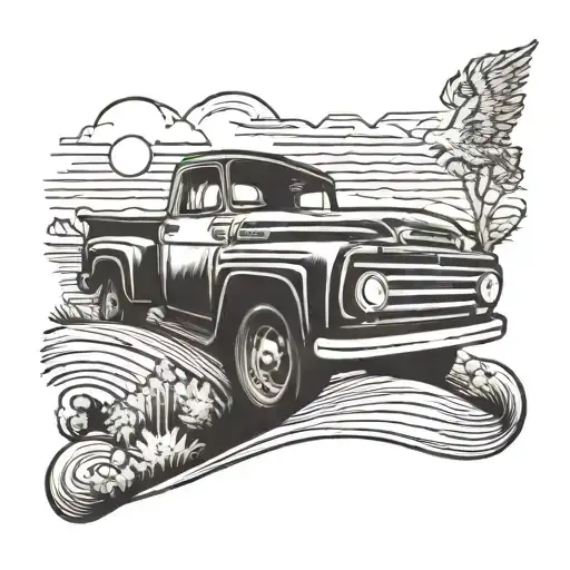 A Vintage Pickup Truck Driving Down A Winding Backroad With A Sunset Sky Overhead