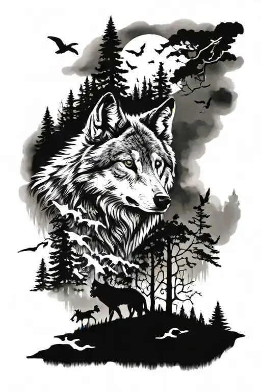 Wolf Blue Eyes In A Forest With Foggy And Birds Flying Above