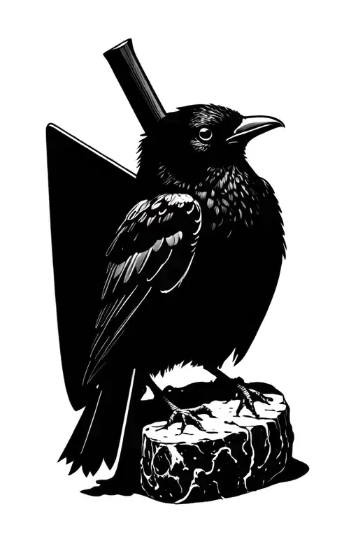 Black Bird Sitting On A Meat Cleaver