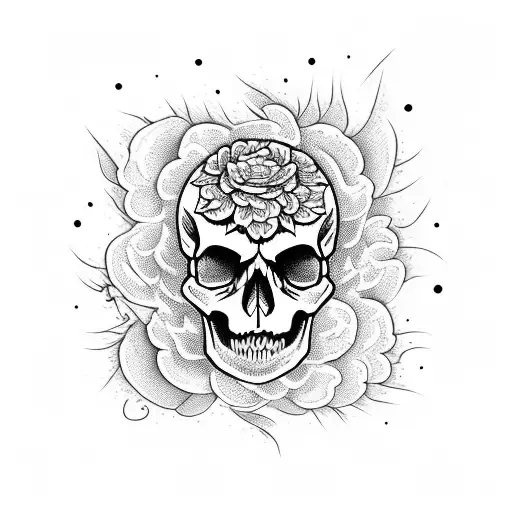 A Skull Engulfed In Flames With Delicate Flowers Around It