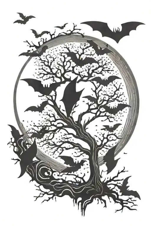 1 Tree With Bats Around The Top And Bottom With A Moon In The Back With Bats Flying Around The Moon