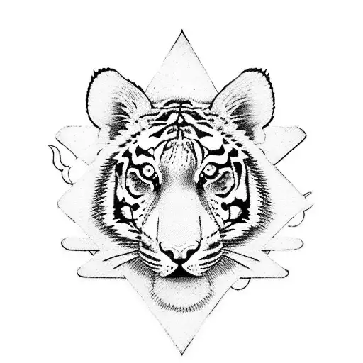 A Tarot Card Featuring A Tiger And Dog In A Blackwork Style