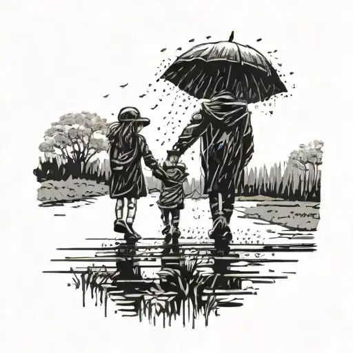 Silhouette Of Taller Sister Holding Younger Brother's Hand Walking In The Rain With Umbrella