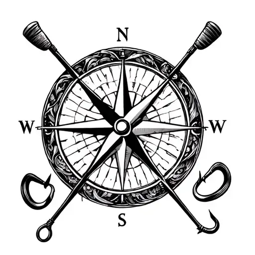 A Compass Rose Intertwined With Fishing Hooks And Golf Clubs