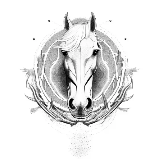 A Powerful Horse Bursting Through A Blackwork Horseshoe
