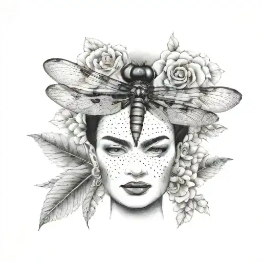 A Dotwork Tattoo Of A Dragonfly With Frida Kahlo's Face As The Body