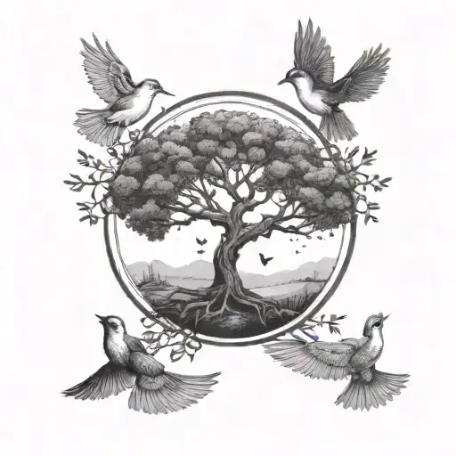 Tree With Small Birds Flying Away