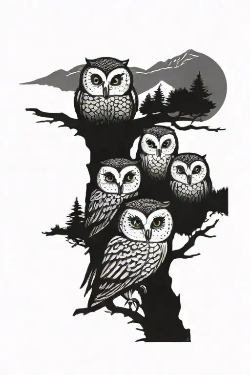 An Owl Family Perched On A Tree Branch With A Mountain Backdrop