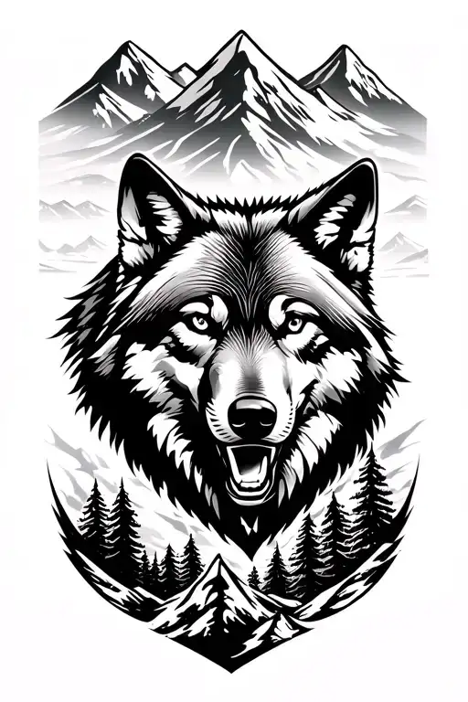Mountain Range Inspired Tattoo Featuring Wolf