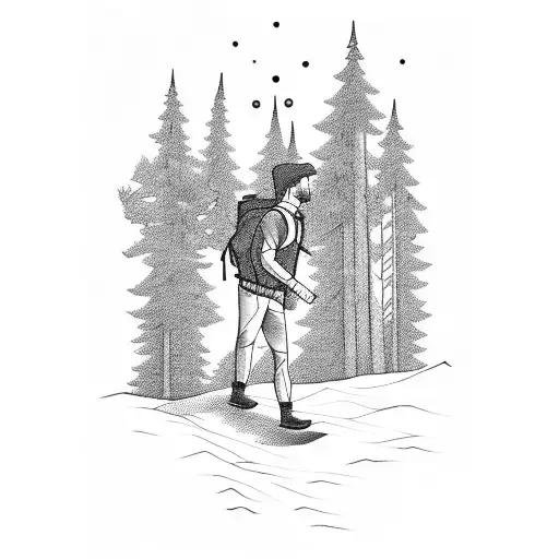 A Blackwork Tattoo Of A Forester Hiking Through A Dense Forest With A Walking Stick