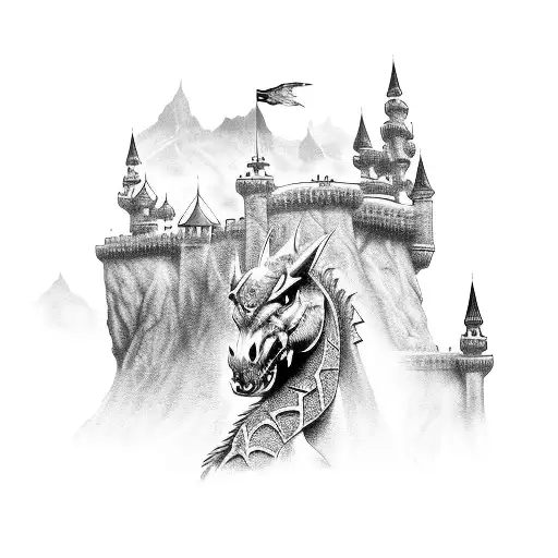 Fantasy With Castles And Horses And Knights And Dragons Coming Out Of A Book